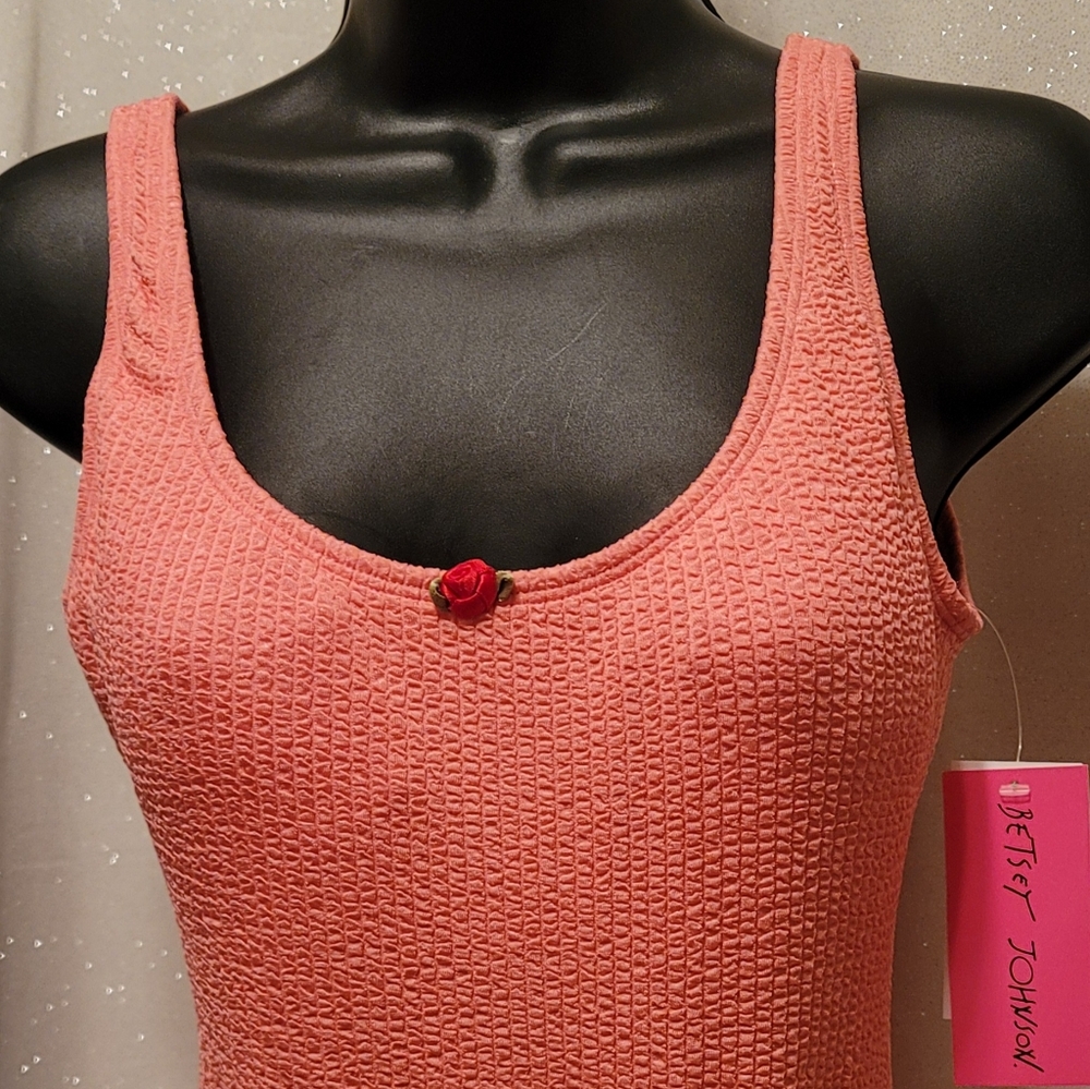 One-piece swimsuit by Betsey Johnson pink retro style rosebud detail, small NEW - Picture 11 of 16